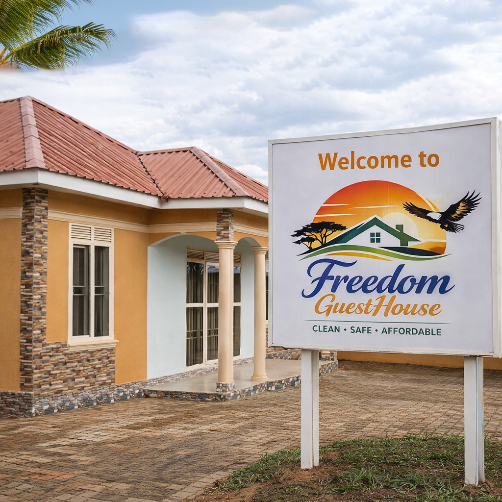 Modern comfortable guesthouse exterior with welcoming entrance and well-maintained grounds in Uganda